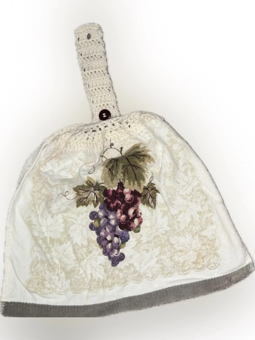 🔴Vintage Crochet Hanging Kitchen Towel Grape Vine Print Button Strap